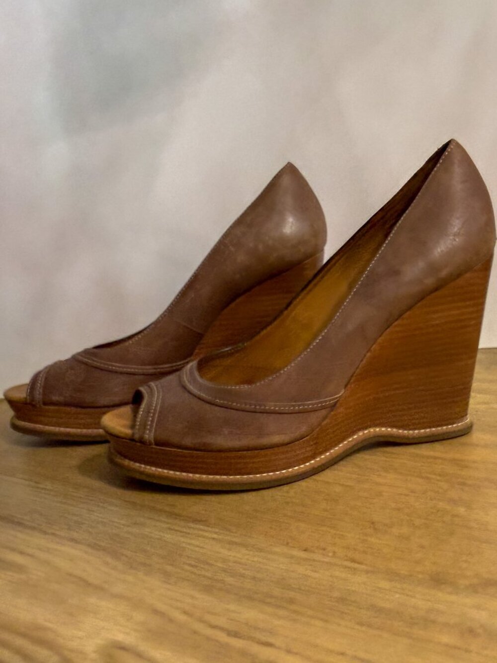 Michael Kors Brown Leather Peep Toe Wedge Heels